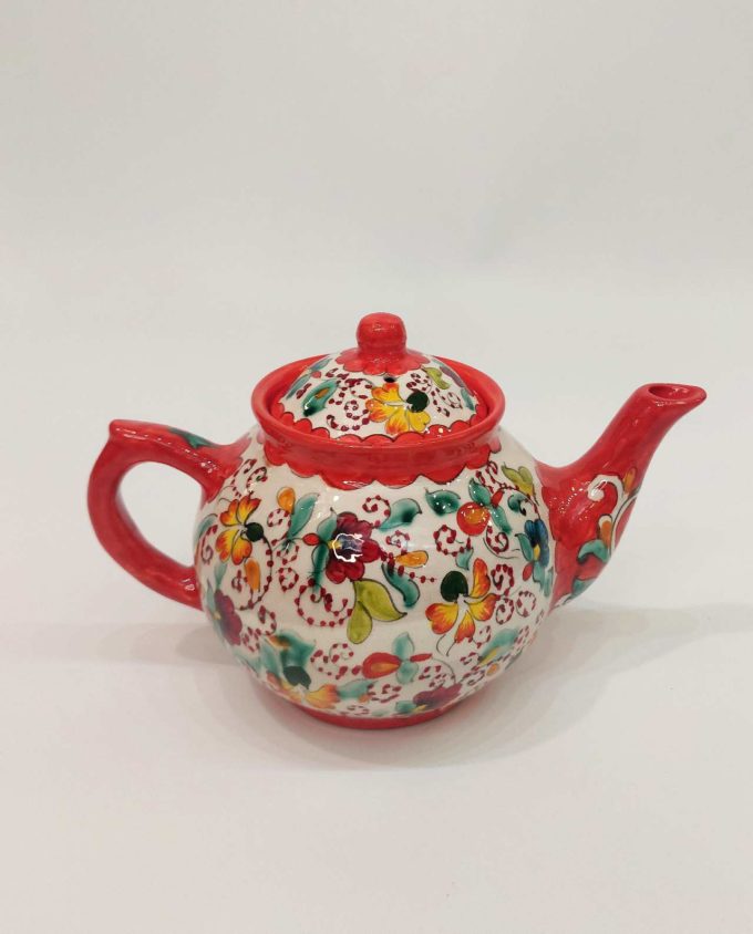Teapot Ceramic Hand Painted Flowers Orange White
