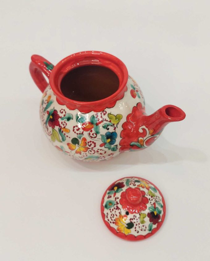 Teapot Ceramic Hand Painted Flowers Orange White