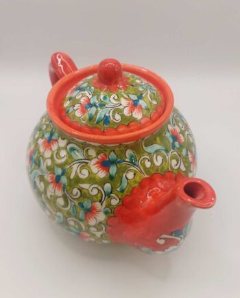 Teapot Ceramic Hand Painted Flowers Green Orange