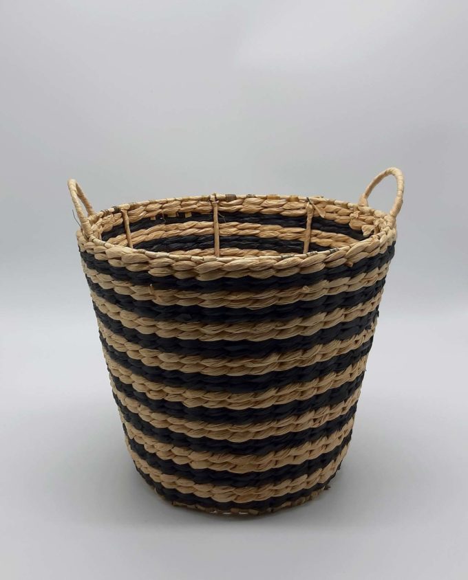 Basket raffia stripes black beige height 28 cm