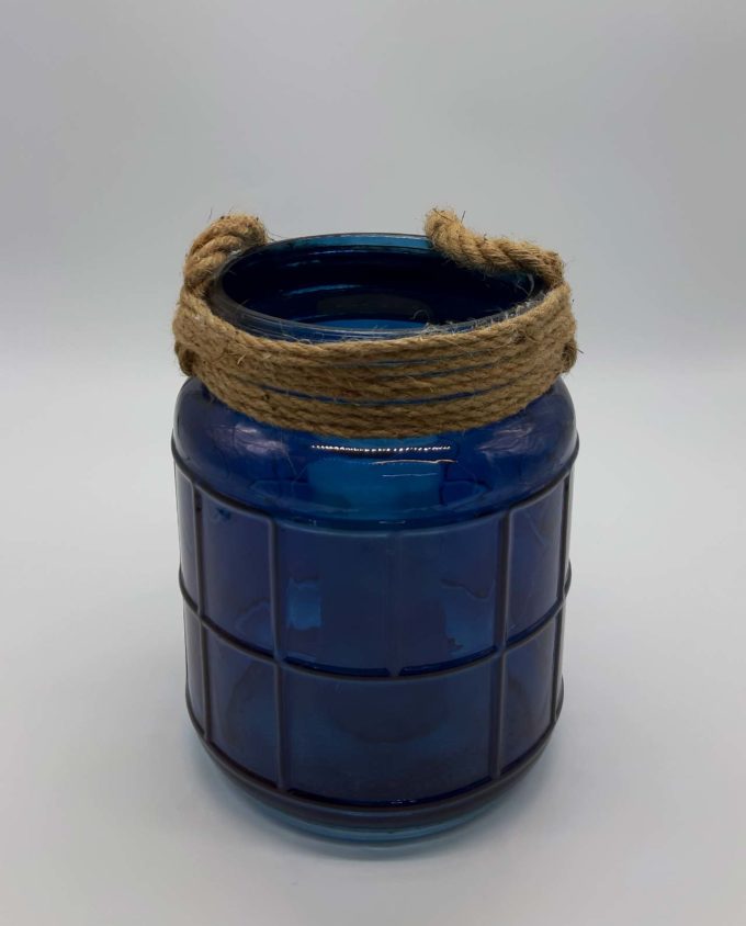 Φανάρι γυάλινο με σχοινί μπλε ύψους 25 cm