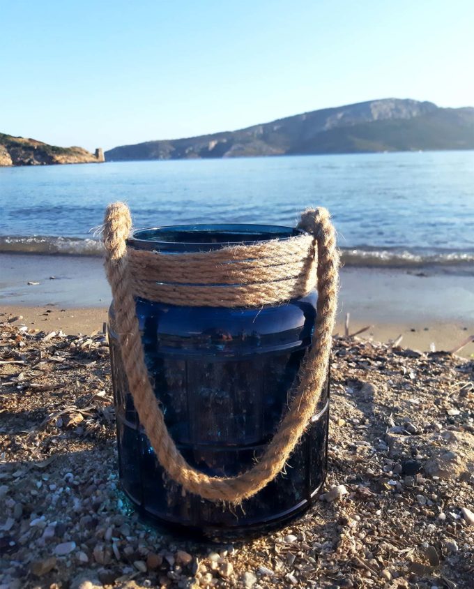 Lantern glass with rope blue height 25 cm
