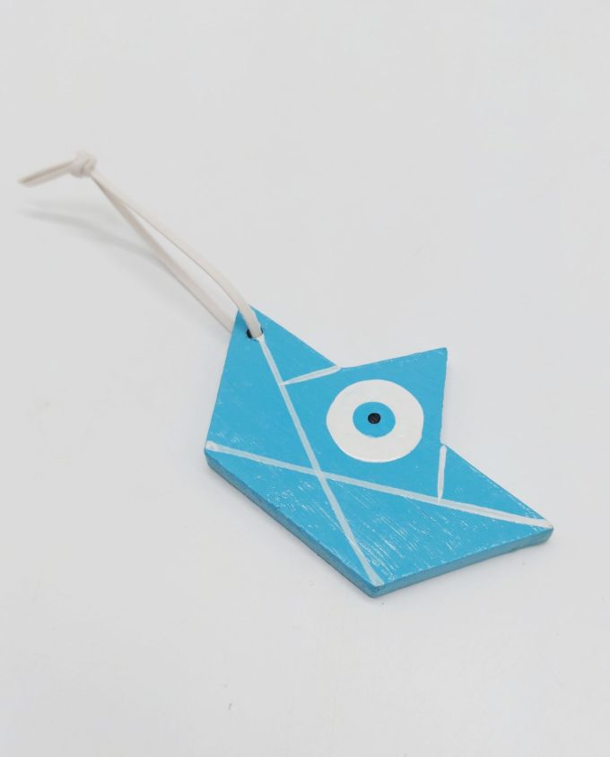 Boat Evil Eye Wooden Handmade 10 cm x 6.5 cm light blue