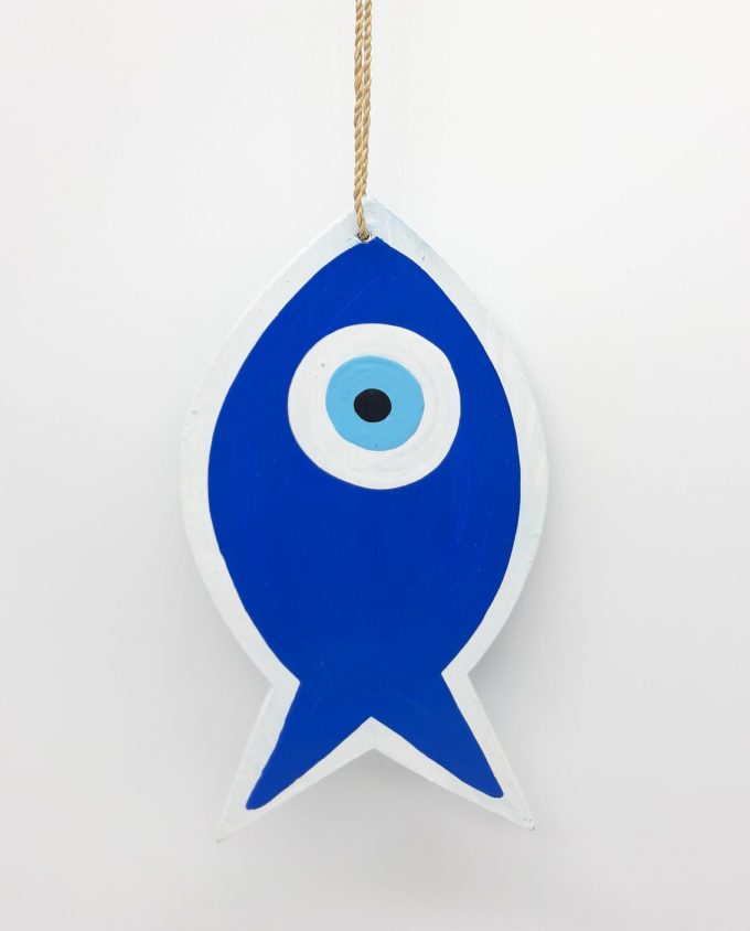 Fish Evil Eye Wooden Handmade Length 18 cm color blue