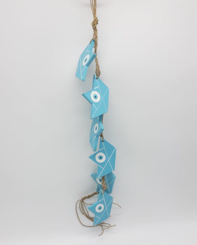 Garland of 6 boats evil eye wooden handmade color light blue