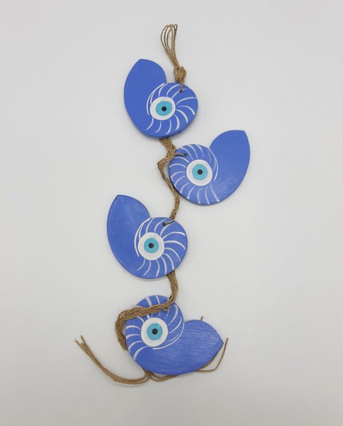 Garland 4 seashells Nautilus evil eye wooden handmade color indigo