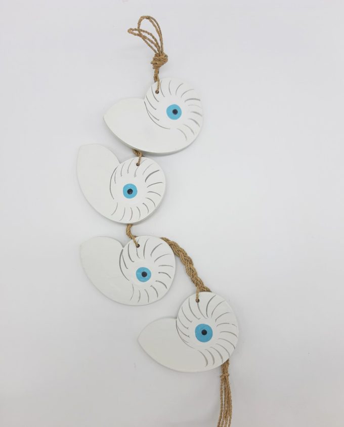 Garland 4 seashells Nautilus evil eye wooden handmade color white