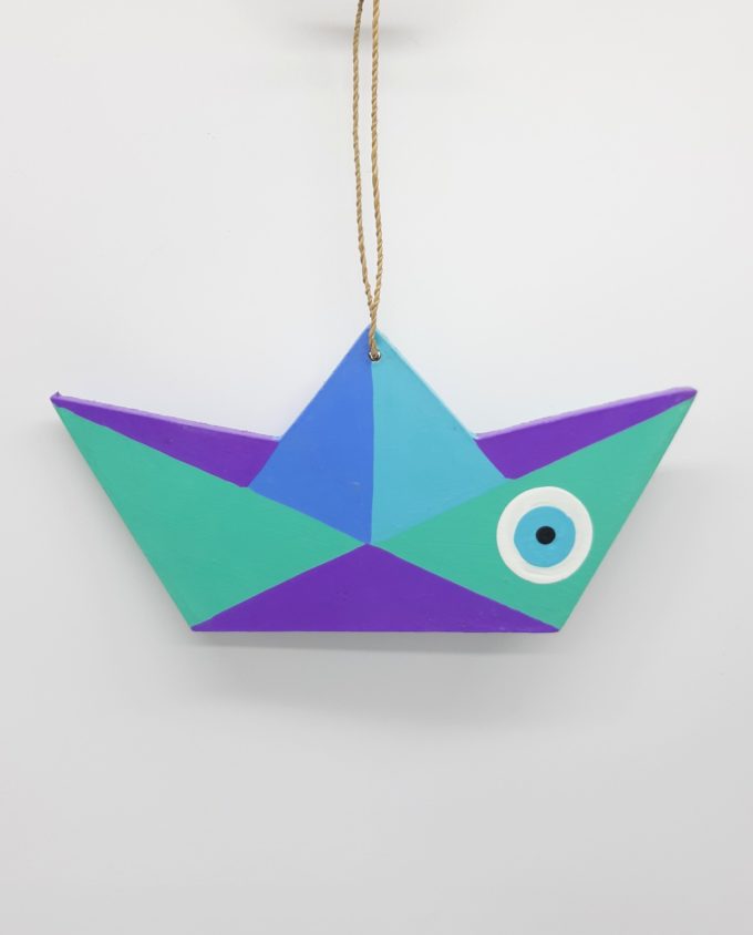 Boat Evil Eye Wooden Handmade Length 21.5 cm color Turquoise Purple