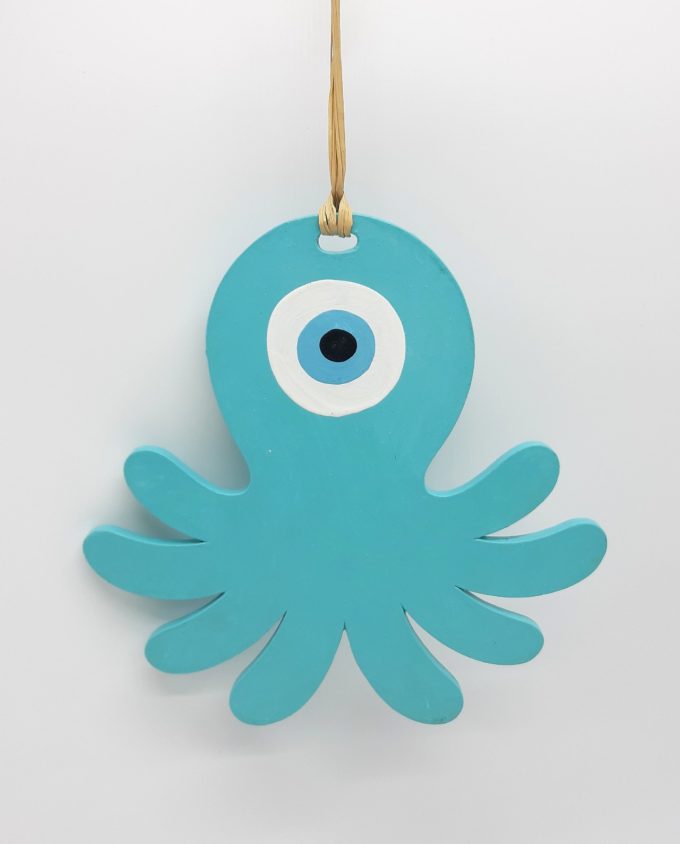 Octopus evil eye wooden handmade height 19.5 cm color turquoise
