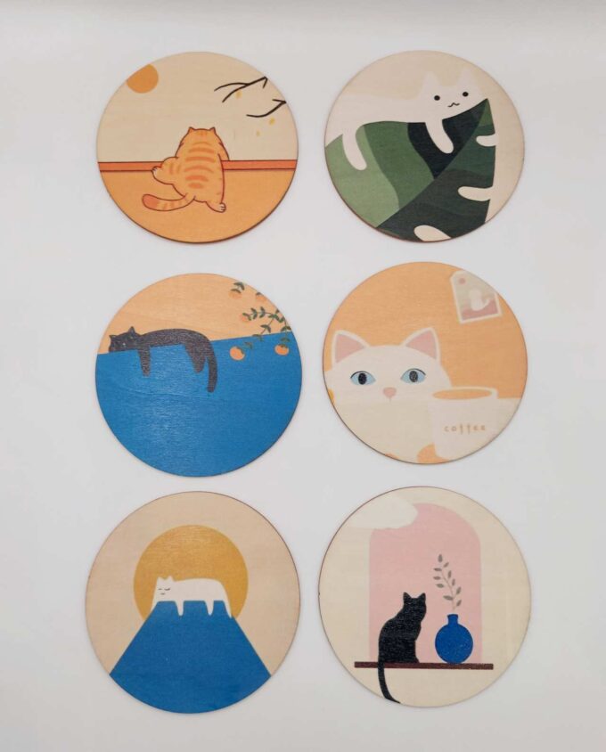 Coaster Wooden "Cute Cat" Set 6 Pieces
