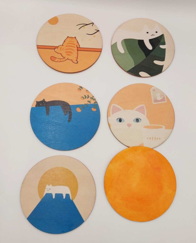 Coaster Wooden "Cute Cat" Set 6 Pieces