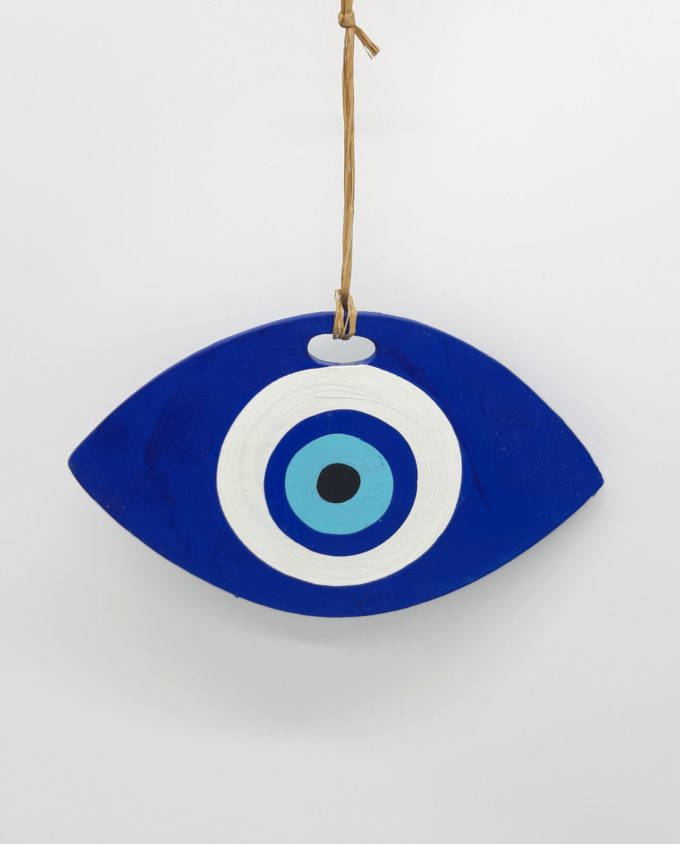 Evil eye oval wooden handmade length 19 cm color blue