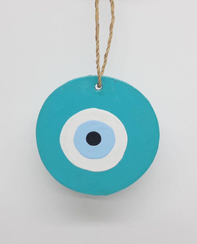 Evil Eye Wooden Handmade Diameter 8 cm color teal