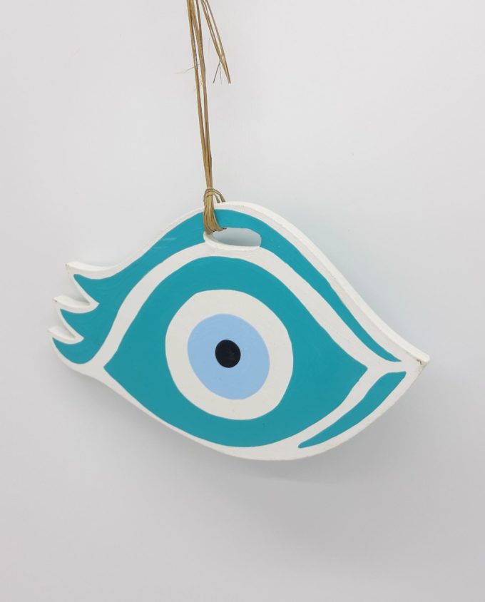 Wooden evil eye "eyelash" handmade length 21 cm color teal