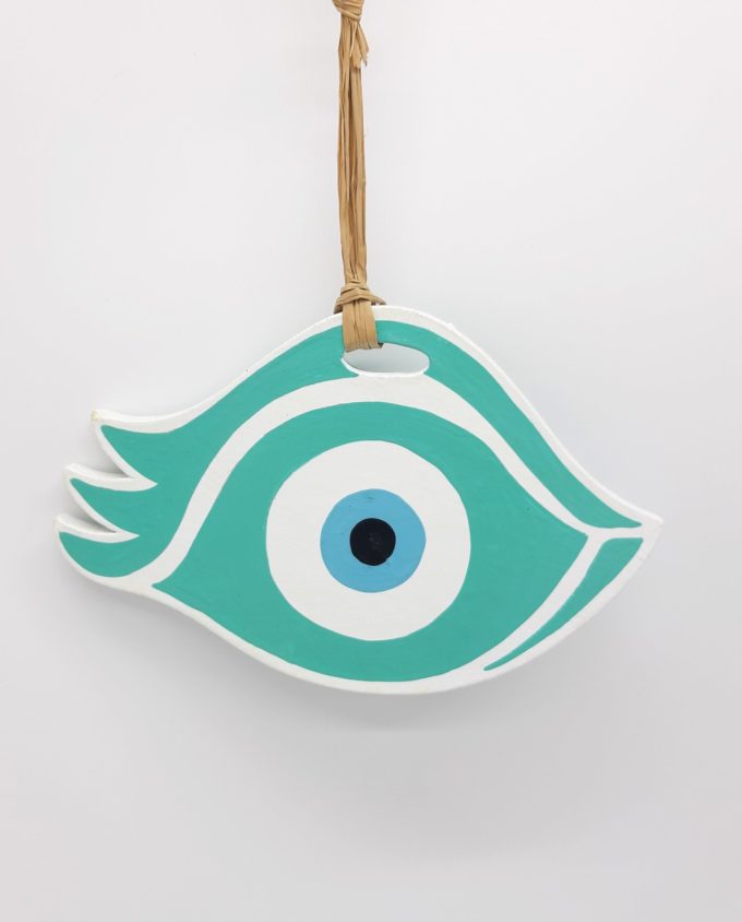 Wooden evil eye "eyelash" handmade length 21 cm color turquoise