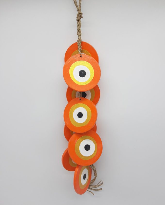 Garland 8 Εvil eyes diameter 8cm wooden handmade, garland length 50 cm, color orange gold