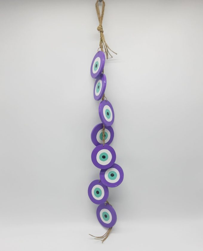 Garland 8 Εvil eyes diameter 8cm wooden handmade, garland length 50 cm, color purple