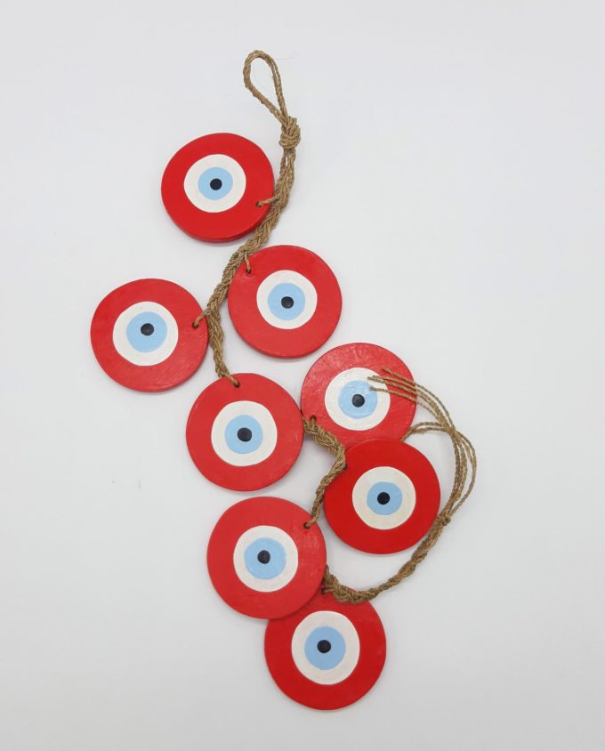 Garland 8 Εvil eyes diameter 8cm wooden handmade, garland length 50 cm, color red