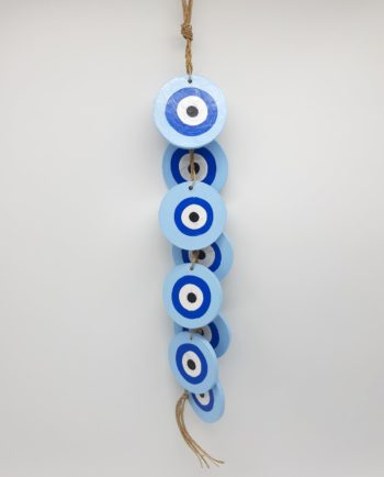 Garland 8 Εvil eyes diameter 8cm wooden handmade, garland length 50 cm, color light blue