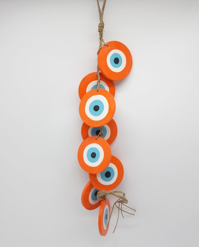 Garland 8 Εvil eyes diameter 8cm wooden handmade, garland length 50 cm, color orange