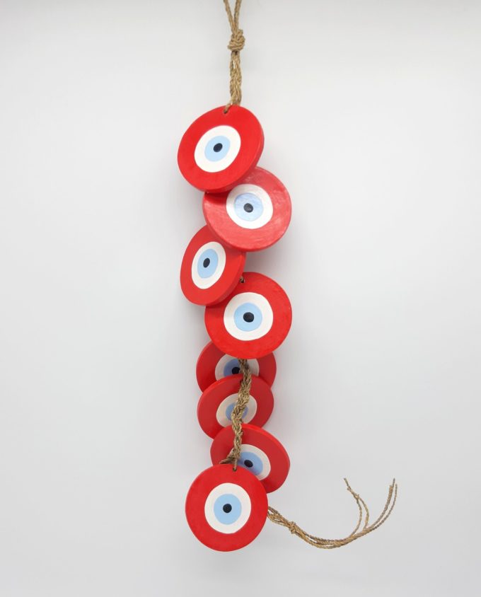 Garland 8 Εvil eyes diameter 8cm wooden handmade, garland length 50 cm, color red
