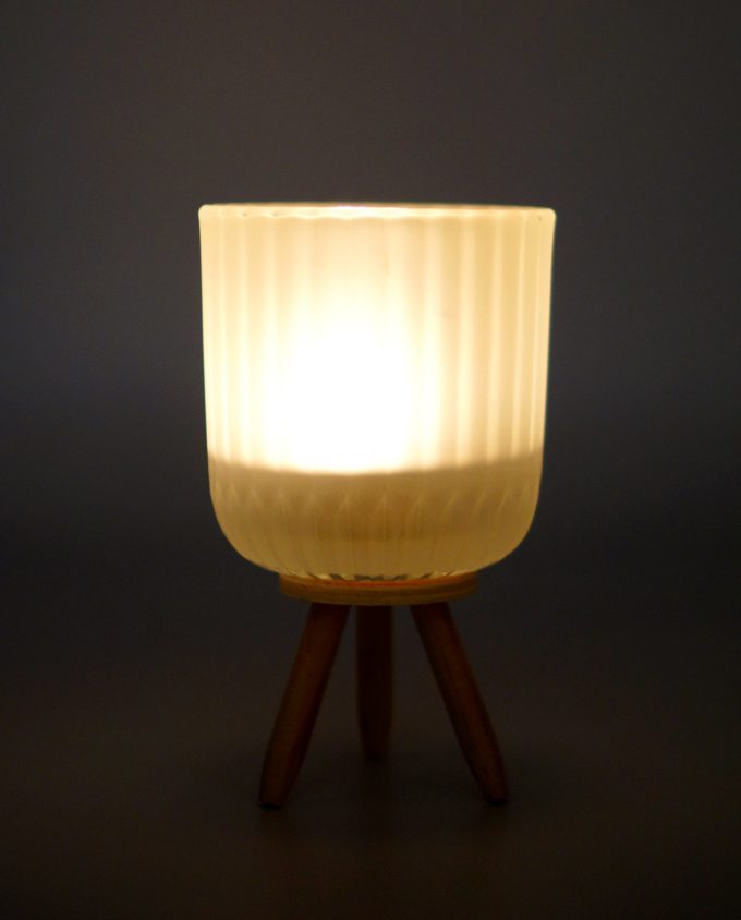Votive of tealight white sandblast glass with wooden legs