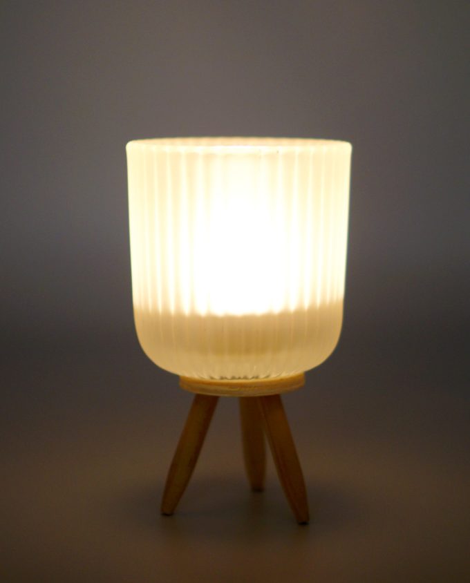 Votive of tealight white sandblast glass with wooden legs