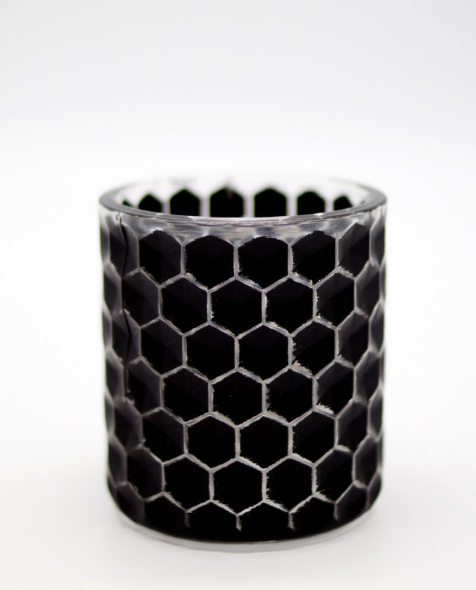 Tealight Black Glass with pattern of hives