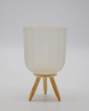 Votive of tealight white sandblast glass with wooden legs