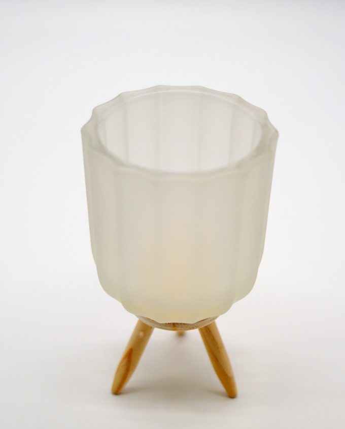 Votive of tealight white sandblast glass with wooden legs