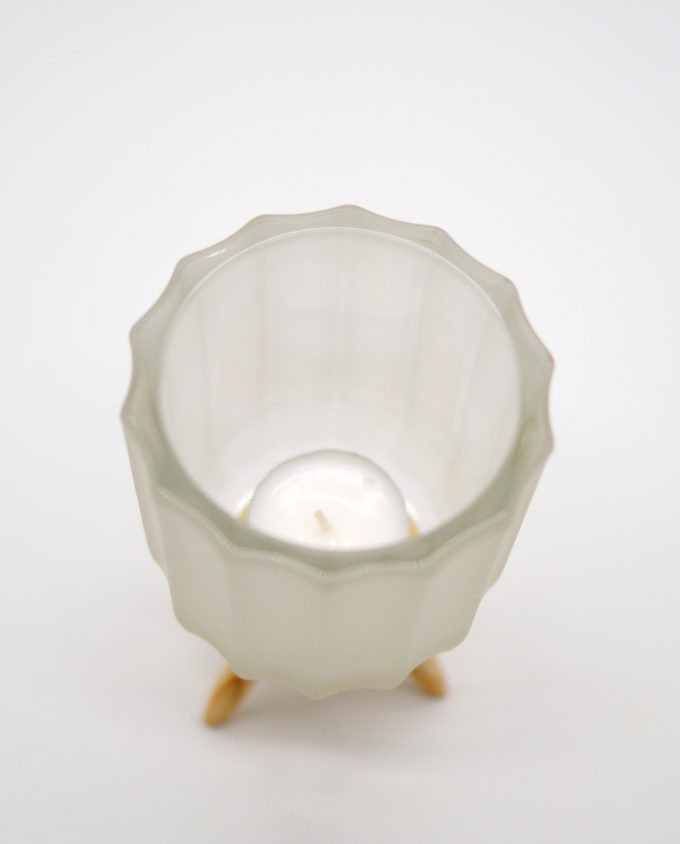 Votive of tealight white sandblast glass with wooden legs