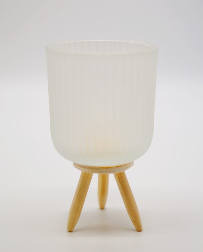 Votive of tealight white sandblast glass with wooden legs