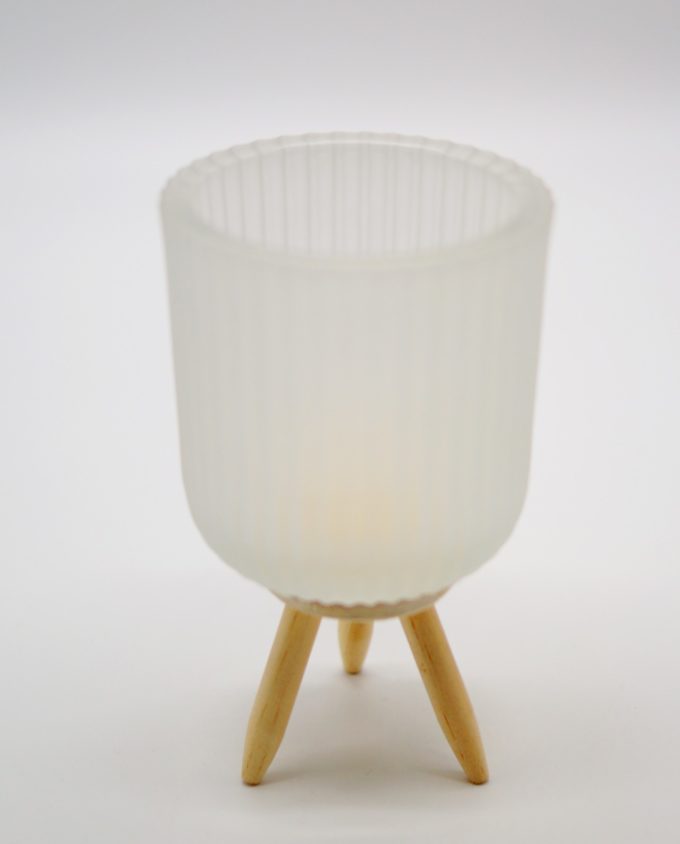 Votive of tealight white sandblast glass with wooden legs