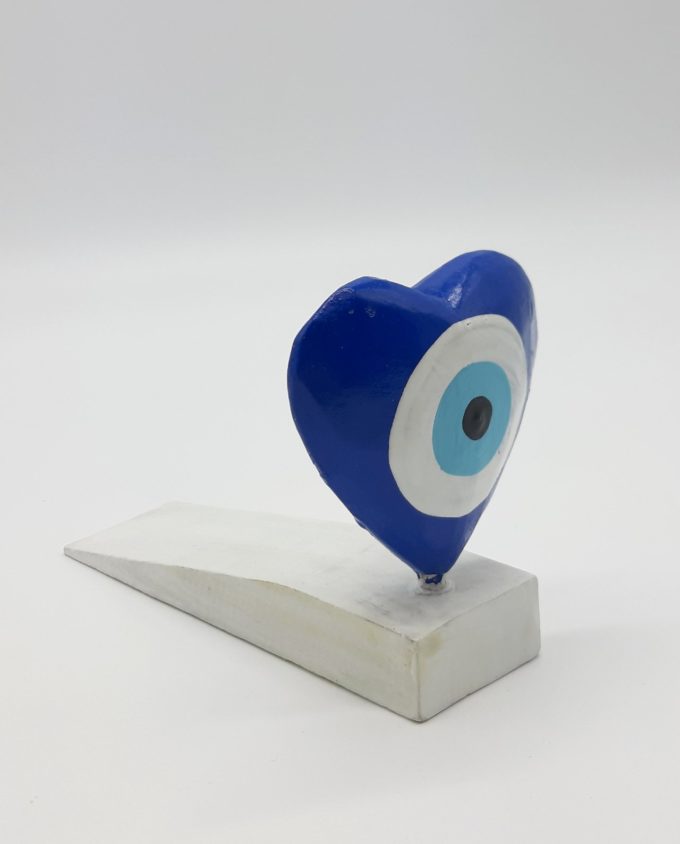 Door Stop Wooden Heart Evil Eye Handmade color blue