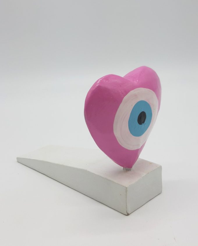 Door Stop Wooden Heart Evil Eye Handmade color pink