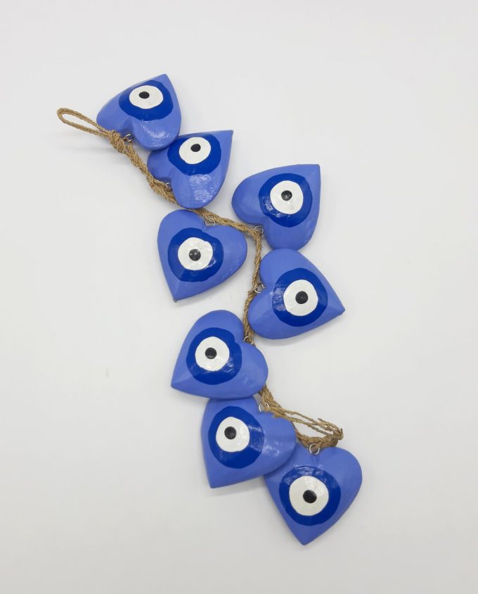 Garland 8 Wooden Hearts Evil Eye diameter 8cm Handmade Length 50 cm color indigo