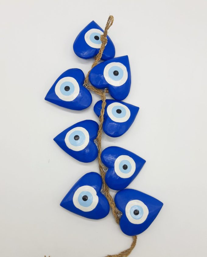 Garland 8 Wooden Hearts Evil Eye diameter 8cm Handmade Length 50 cm color blue