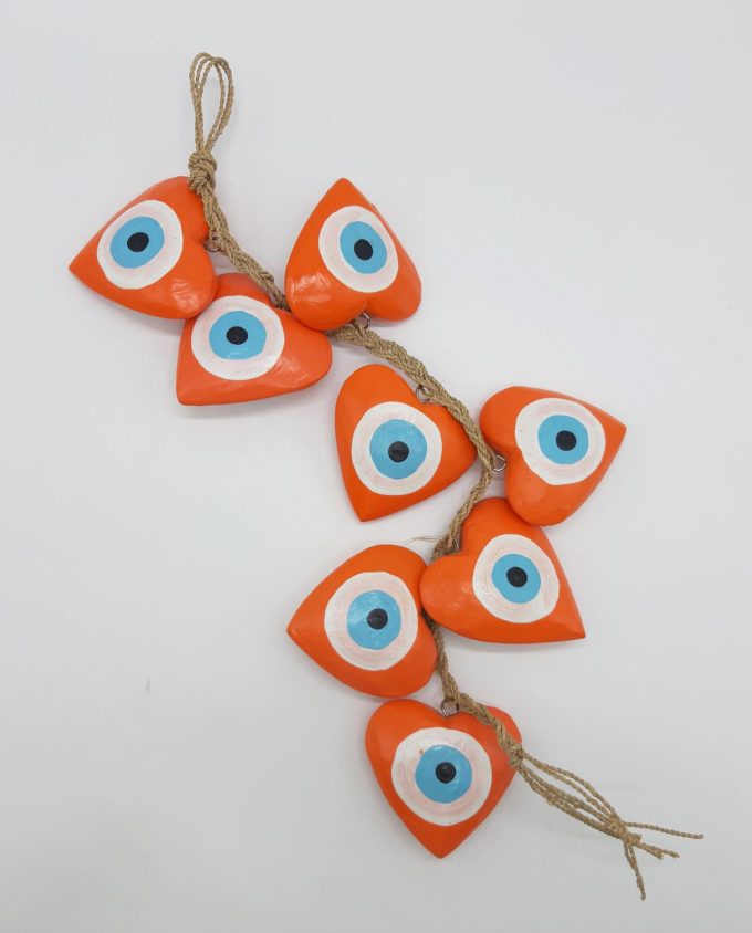 Garland 8 Wooden Hearts Evil Eye diameter 8cm Handmade Length 50 cm color orange