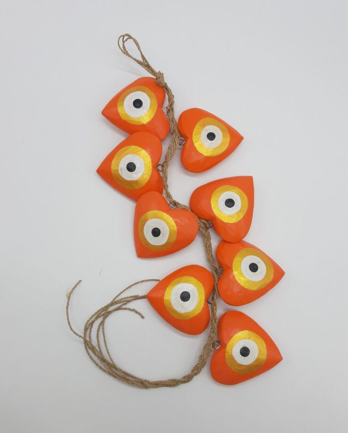 Garland 8 Wooden Hearts Evil Eye diameter 8cm Handmade Length 50 cm color orange gold