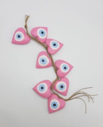 Γιρλάντα 8 καρδιές ματάκι χειροποίητες ξύλινες, μήκος 50 cm χρώμα ροζ