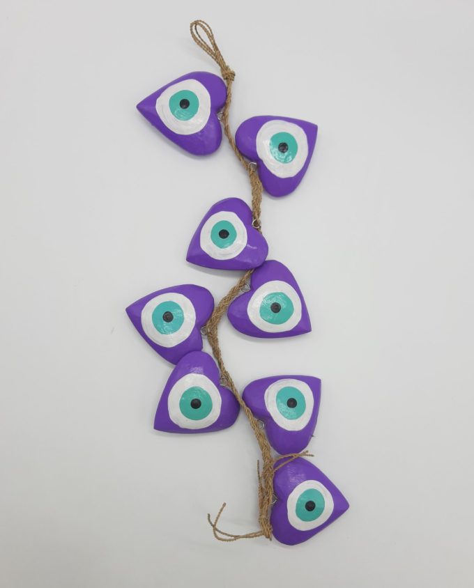 Garland 8 Wooden Hearts Evil Eye diameter 8cm Handmade Length 50 cm color purple