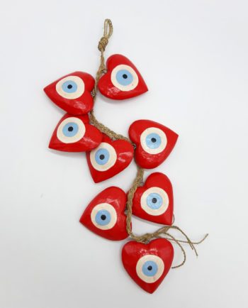 Garland 8 Wooden Hearts Evil Eye diameter 8cm Handmade Length 50 cm color red