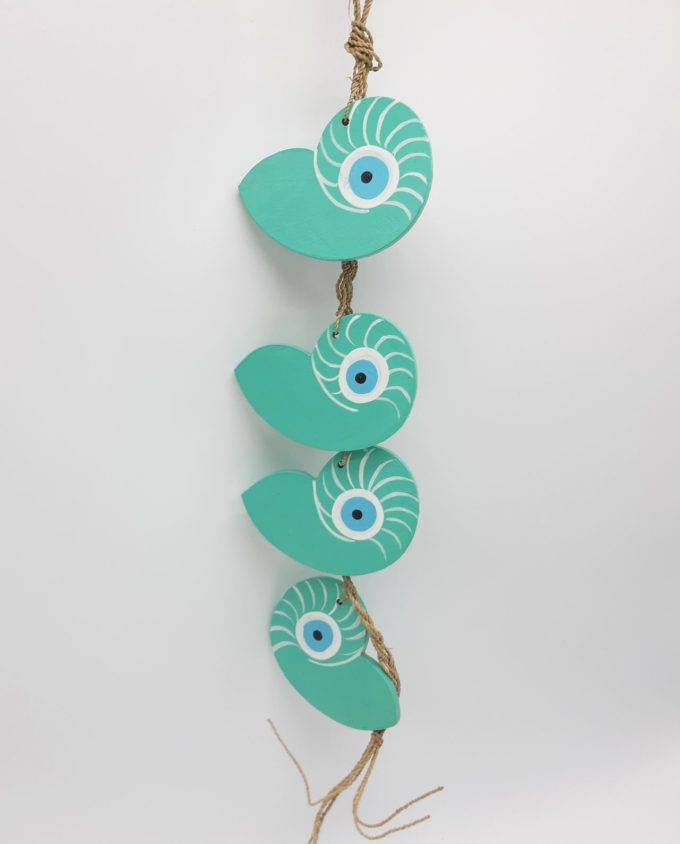 Garland 4 seashells Nautilus evil eye wooden handmade color turquoise