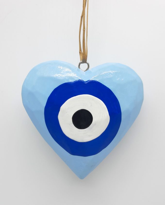 Heart Evil Eye Wooden Handmade Diameter 10 cm color light blue