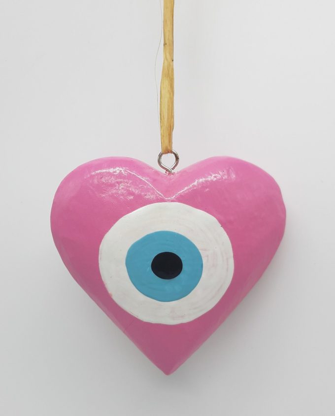 Heart Evil Eye Wooden Handmade Diameter 10 cm color pink