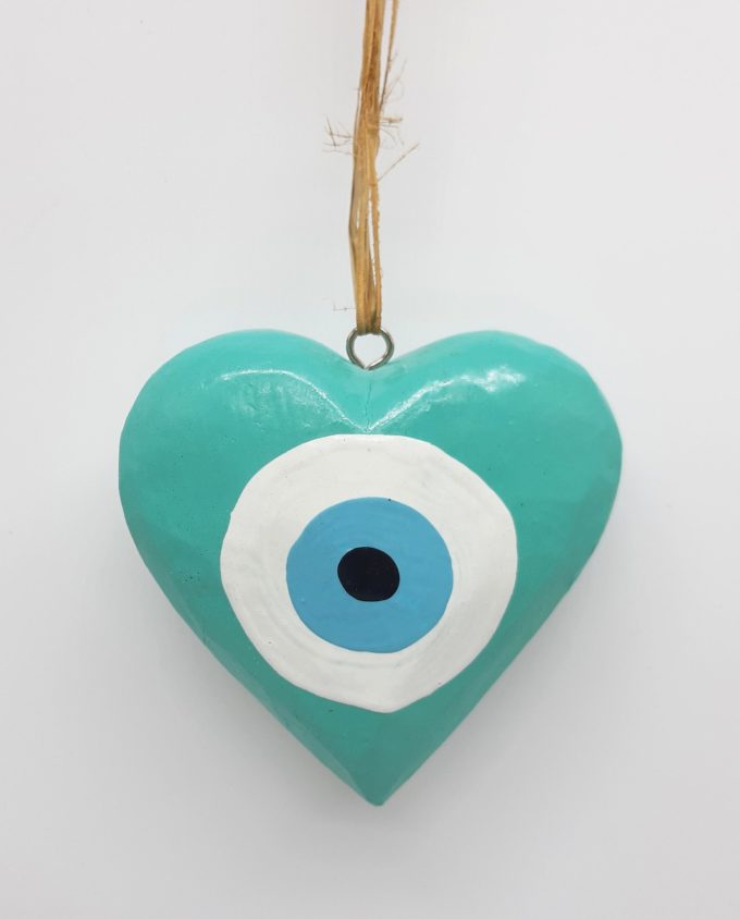 Heart Evil Eye Wooden Handmade Diameter 10 cm color turquoise
