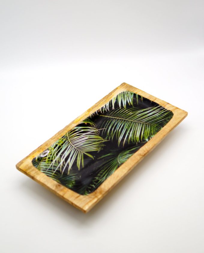 Platter wooden from Mango wood, light brown with inside leaves pattern