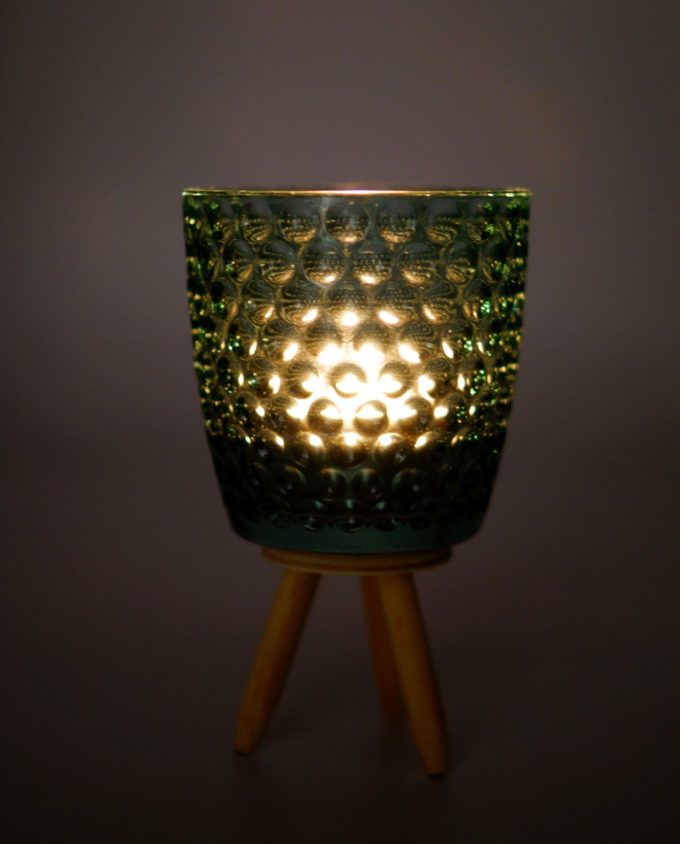 Votive of tealight light green glass with wooden legs