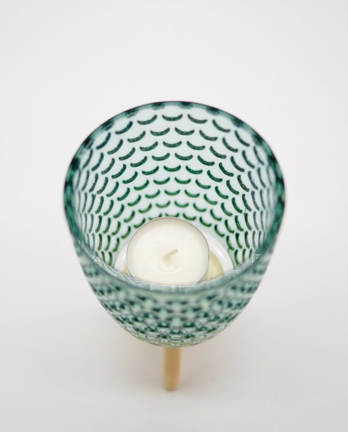 Votive of tealight light green glass with wooden legs