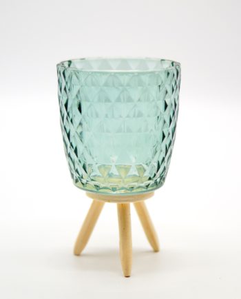 Votive of tealight light green glass with wooden legs